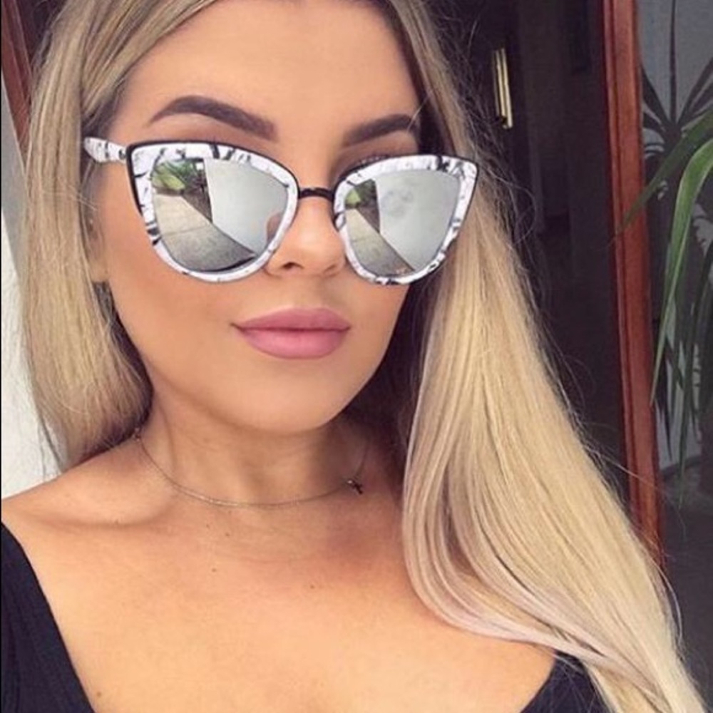 White Marble Mirrored Cat Eye Oversized Sunglasses